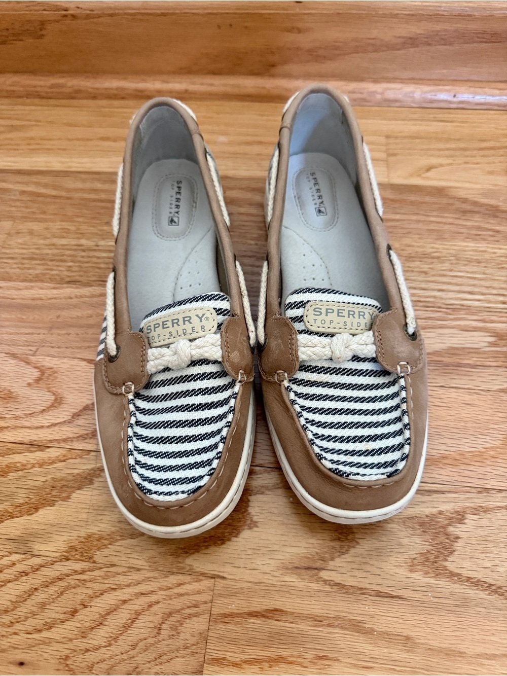 Sperry Women's Tan Leather Moccasins with Navy Striped Canvas